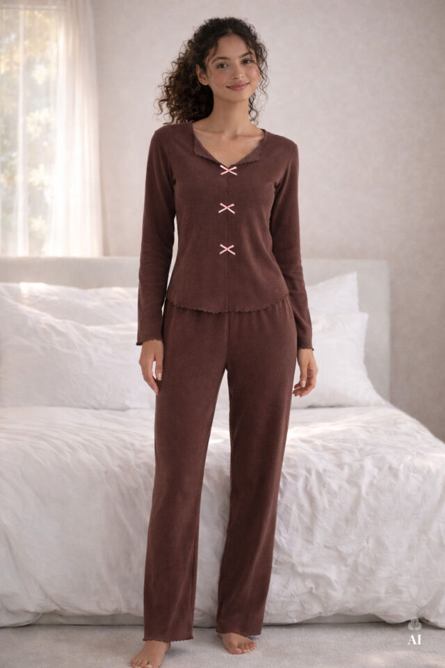 Kadın Pamuklu Çıtır Çiçek Desenli Baby Overloklu Fiyonk Detaylı Uzun Kollu Pijama Takımı Koyukahve - XL