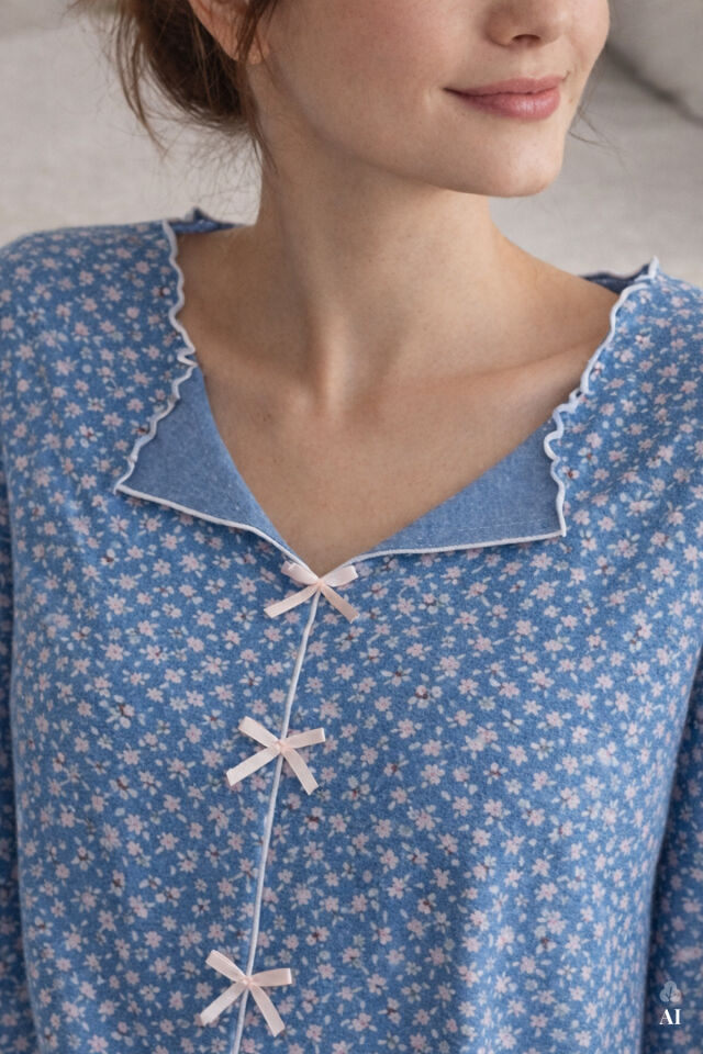 Kadın Pamuklu Çıtır Çiçek Desenli Baby Overloklu Fiyonk Detaylı Uzun Kollu Pijama Takımı Mavi -  Pudra - S