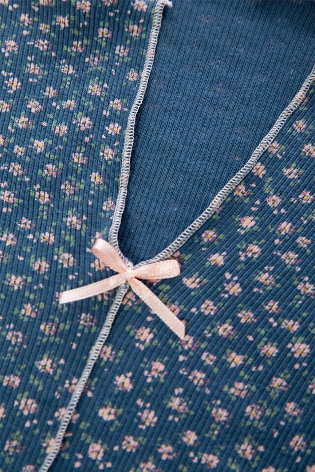 Kadın Pamuklu Çıtır Çiçek Desenli Baby Overloklu Fiyonk Detaylı Uzun Kollu Pijama Takımı Mavi -  Pudra - M