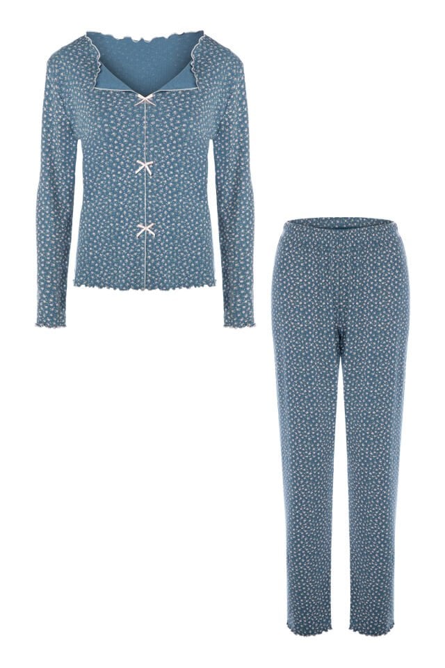 Kadın Pamuklu Çıtır Çiçek Desenli Baby Overloklu Fiyonk Detaylı Uzun Kollu Pijama Takımı Mavi -  Pudra - M