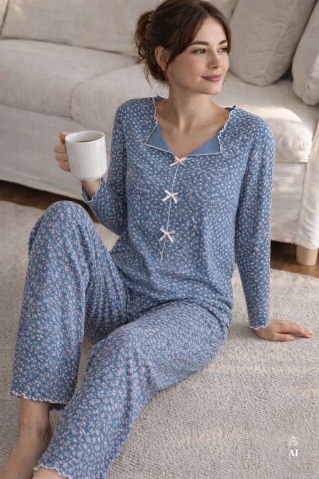 Kadın Pamuklu Çıtır Çiçek Desenli Baby Overloklu Fiyonk Detaylı Uzun Kollu Pijama Takımı Mavi -  Pudra - L