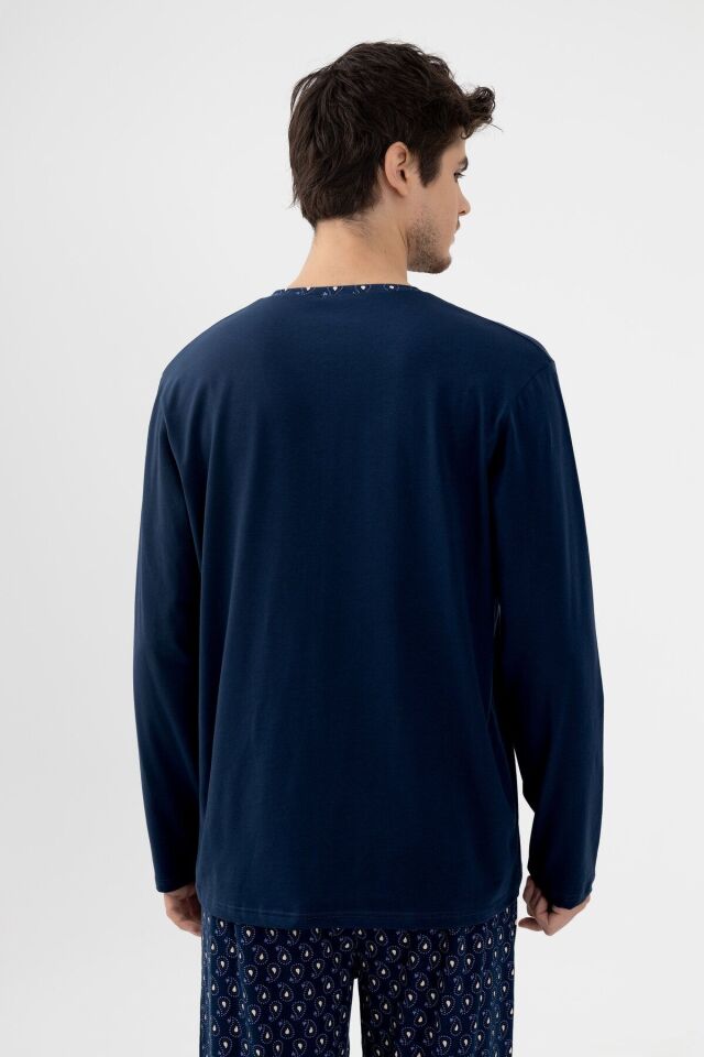 Erkek Pamuklu, Likralı, Yaka Düğmeli Ve Cep Detaylı Pijama Takımı Lacivert-Beyaz - XL