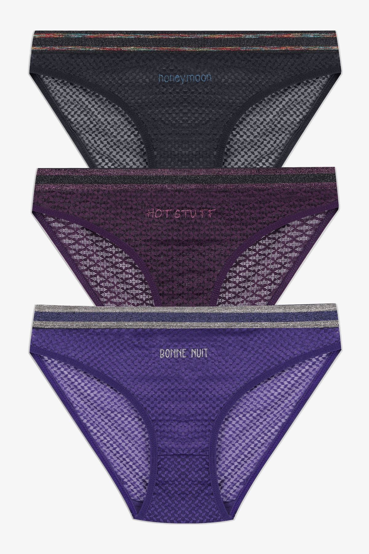 Kadın 3'lü Dantelli - Baskılı Külot siyahlilamor - M