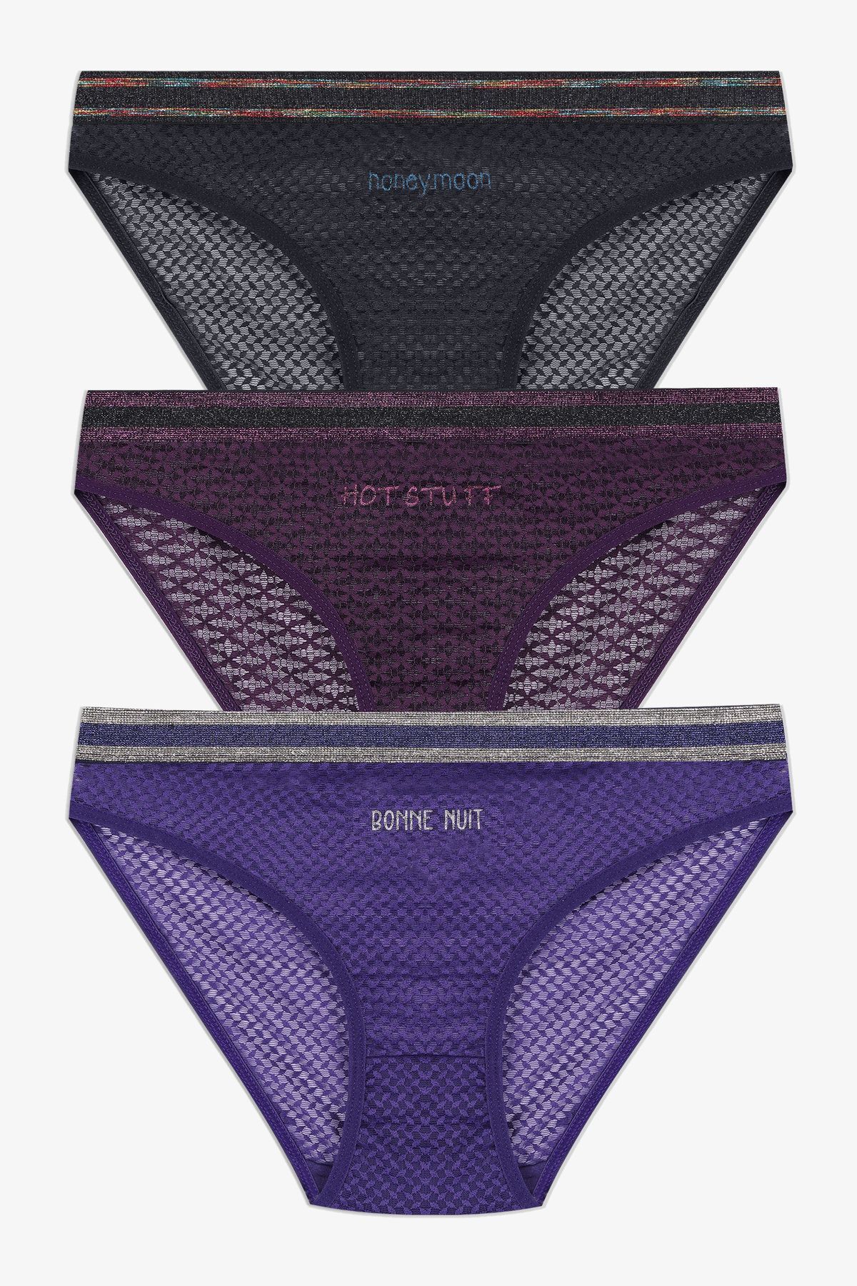 Kadın 3'lü Dantelli - Baskılı Külot siyahlilamor - M