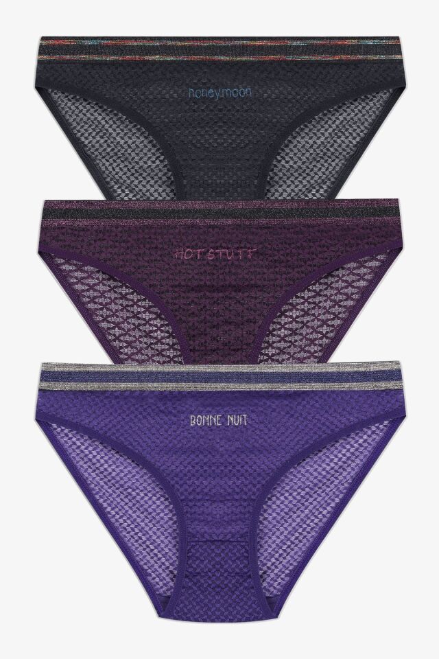 Kadın 3'lü Dantelli - Baskılı Külot siyahlilamor - M