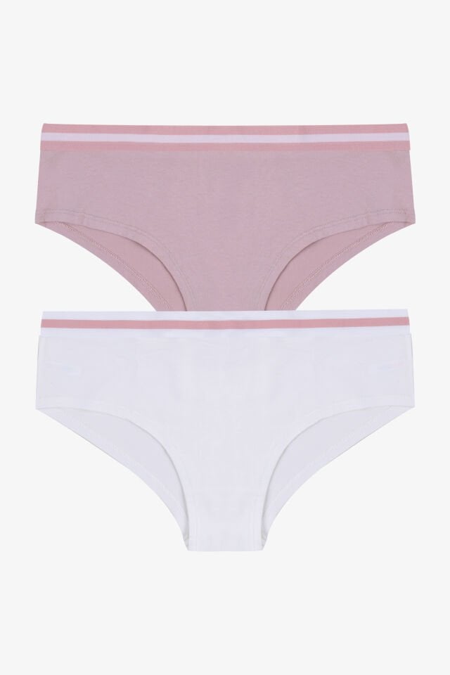 Kadın Pamuklu Çizgili Lastikli 2'li Hipster Külot L - Pudra - Ekru
