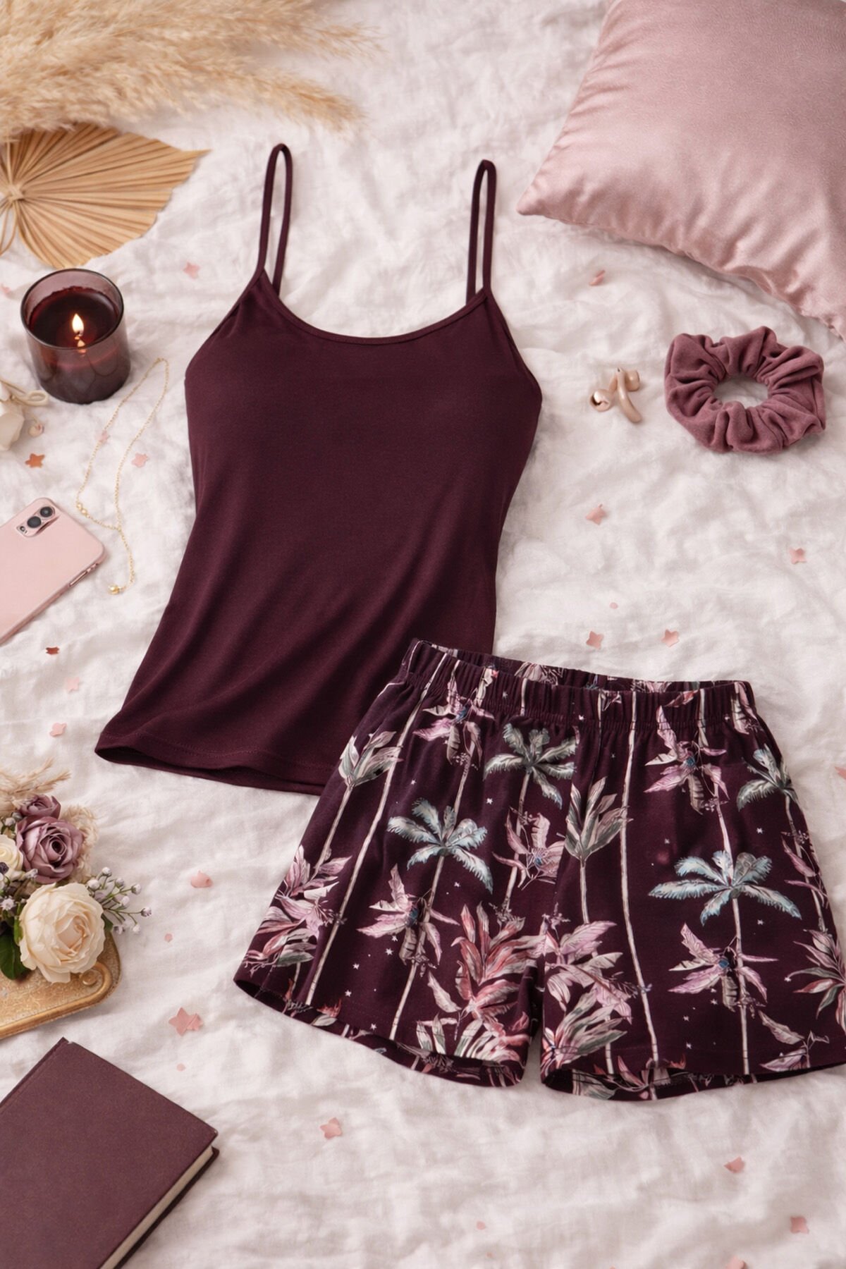 Kadın Pamuklu Askılı Şort Takımı L - Bordo - Pembe