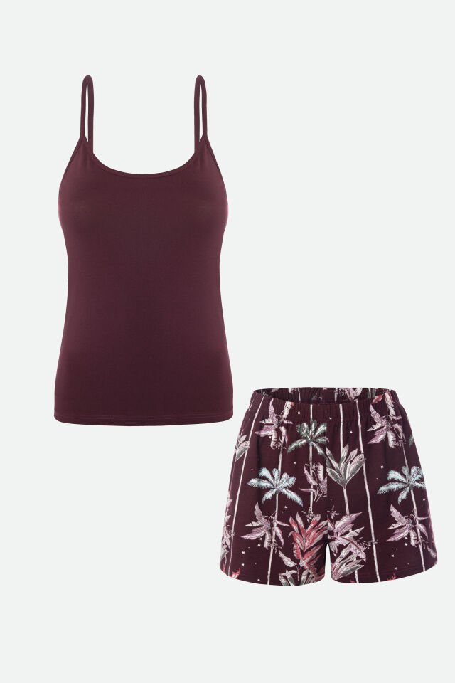 Kadın Pamuklu Askılı Şort Takımı L - Bordo - Pembe