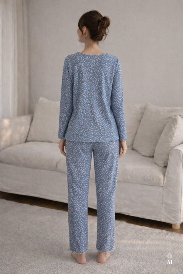 Kadın Pamuklu Çıtır Çiçek Desenli Baby Overloklu Fiyonk Detaylı Uzun Kollu Pijama Takımı Mavi -  Pudra - XL