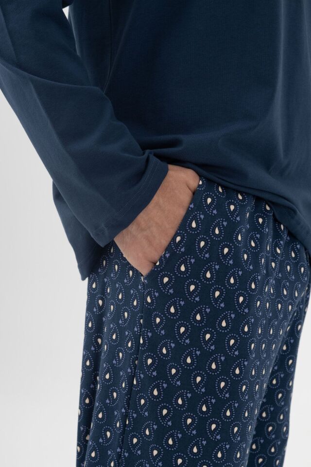 Erkek Pamuklu, Likralı, Yaka Düğmeli Ve Cep Detaylı Pijama Takımı Lacivert-Beyaz - M