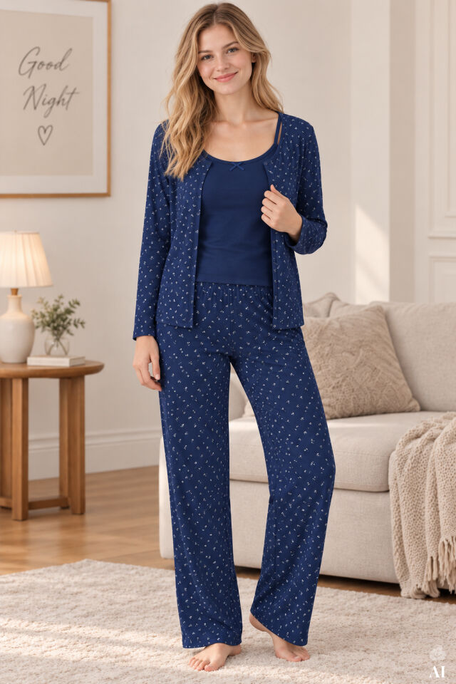 Kadın 3'lü Fitilli Pijama Takımı Mavi - Beyaz - XL
