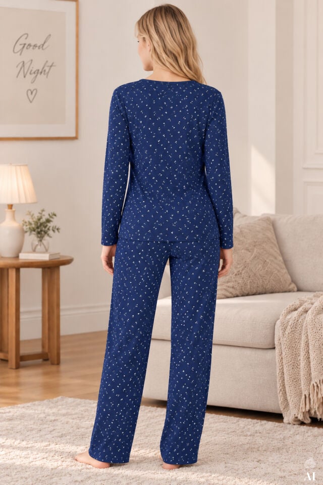 Kadın 3'lü Fitilli Pijama Takımı Mavi - Beyaz - XL