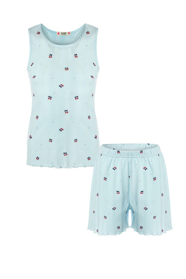 Kız Çocuk Pamuklu Çiçek Desenli Fiyonklu Kalın Askılı Şortlu Pijama Takımı Mavi - Kırmızı - 5-6 Yaş