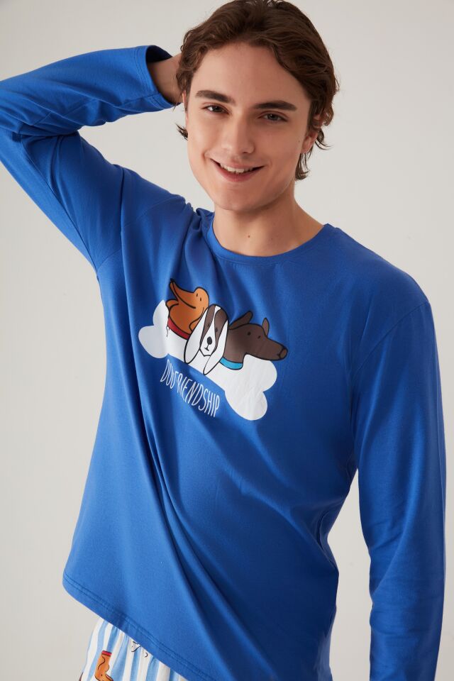 Erkek Pamuklu Uzun Kollu Baskılı Alt Desenli Cep Detaylı Pijama Takımı Beyaz - Saks - 2XL