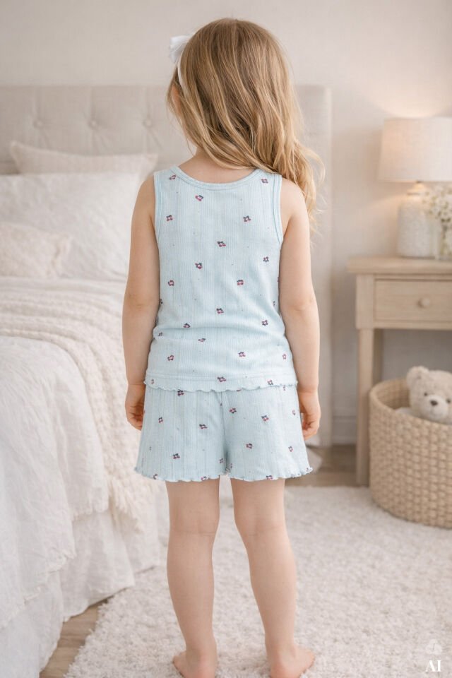 Kız Çocuk Pamuklu Çiçek Desenli Fiyonklu Kalın Askılı Şortlu Pijama Takımı Mavi - Kırmızı - 7-8 Yaş