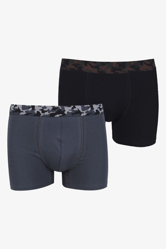 Erkek 2'li Pamuklu Likralı Boxer Siyah - Füme - XL