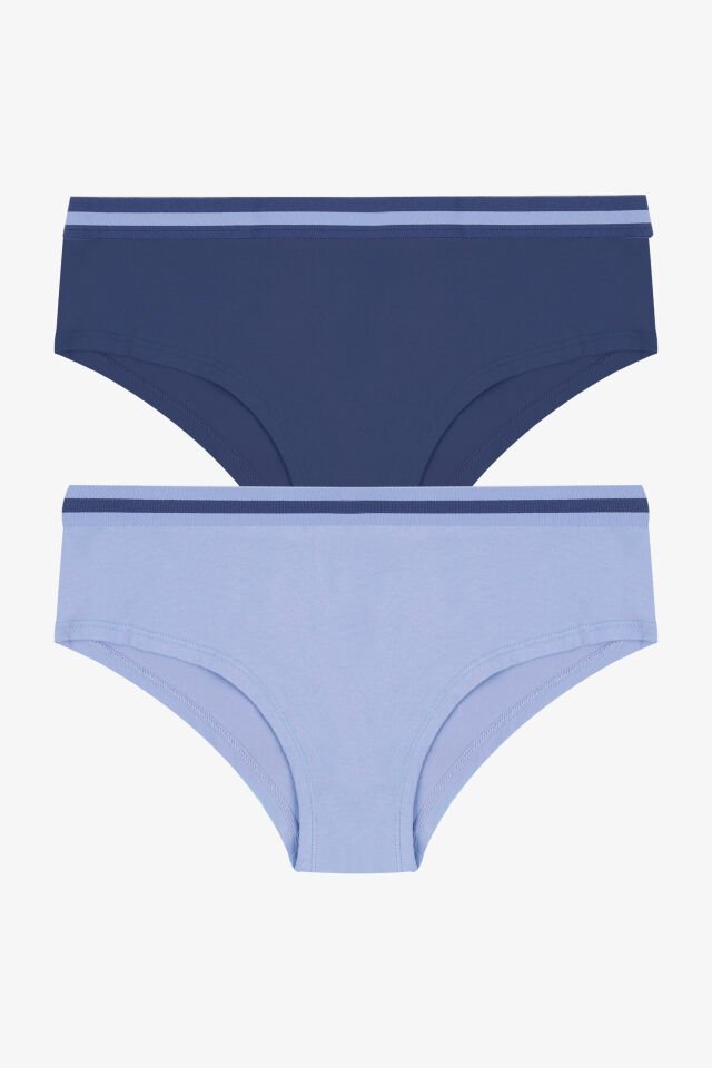Kadın Pamuklu Çizgili Lastikli 2'li Hipster Külot M - İndigo