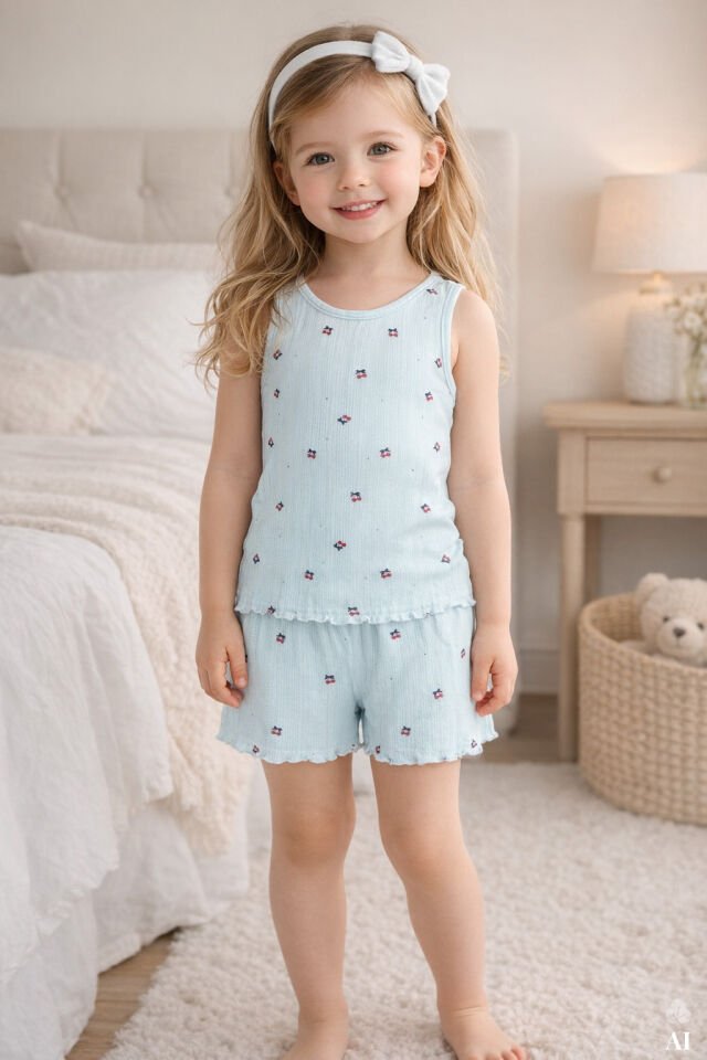 Kız Çocuk Pamuklu Desenli İp Askılı Pijama Takımı Mavi - Kırmızı - 9-10 Yaş