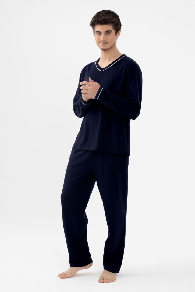 Erkek Pamuklu Uzun Kollu Ara Biyeli Cep Detaylı Pijama Takımı Lacivert-Gri - M
