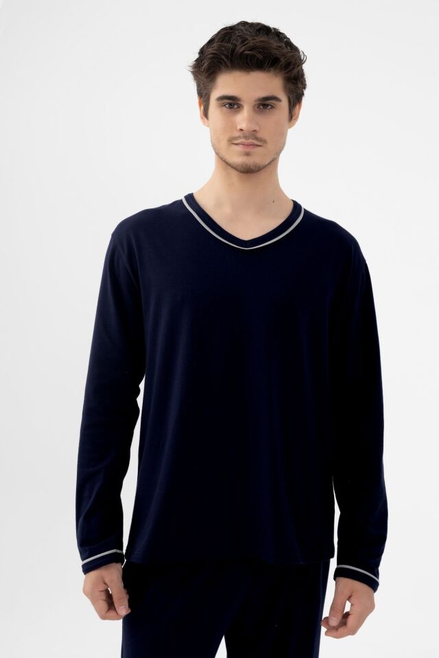 Erkek Pamuklu Uzun Kollu Ara Biyeli Cep Detaylı Pijama Takımı Lacivert-Gri - M