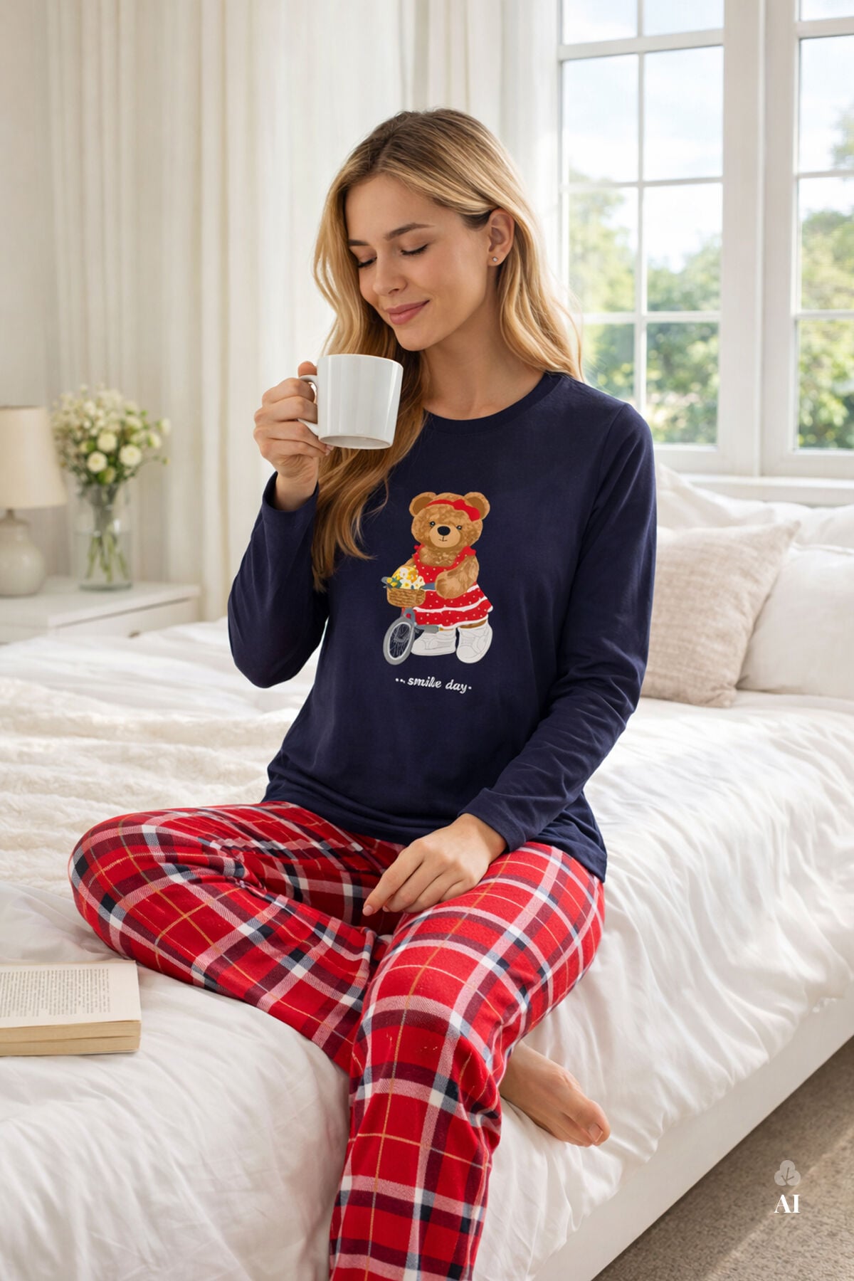 Kadın Pamuklu Ayıcık Baskılı Ekose Desenli Pijama Takımı Kırmızı- Lacivert - S