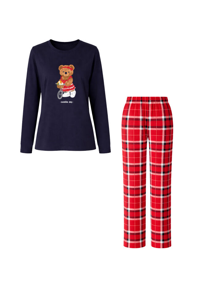 Kadın Pamuklu Ayıcık Baskılı Ekose Desenli Pijama Takımı Kırmızı- Lacivert - S
