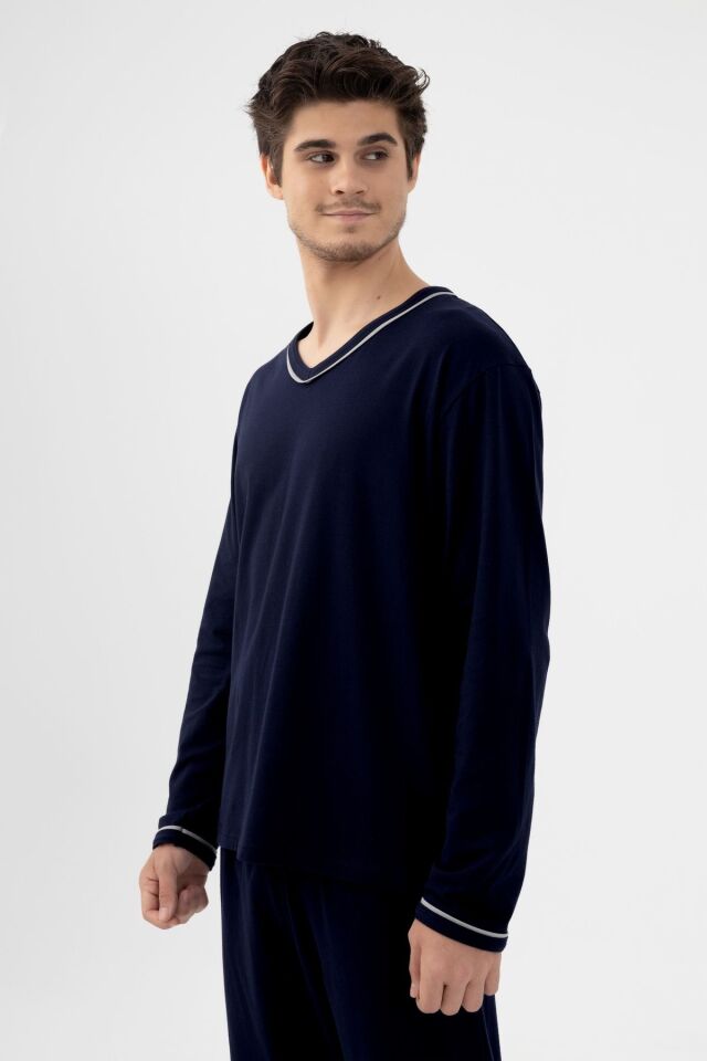 Erkek Pamuklu Uzun Kollu Ara Biyeli Cep Detaylı Pijama Takımı Lacivert-Gri - XL