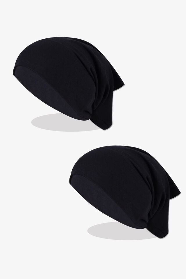 Kadın 2'li Likralı Dikişsiz Siyah Tesettür Bone