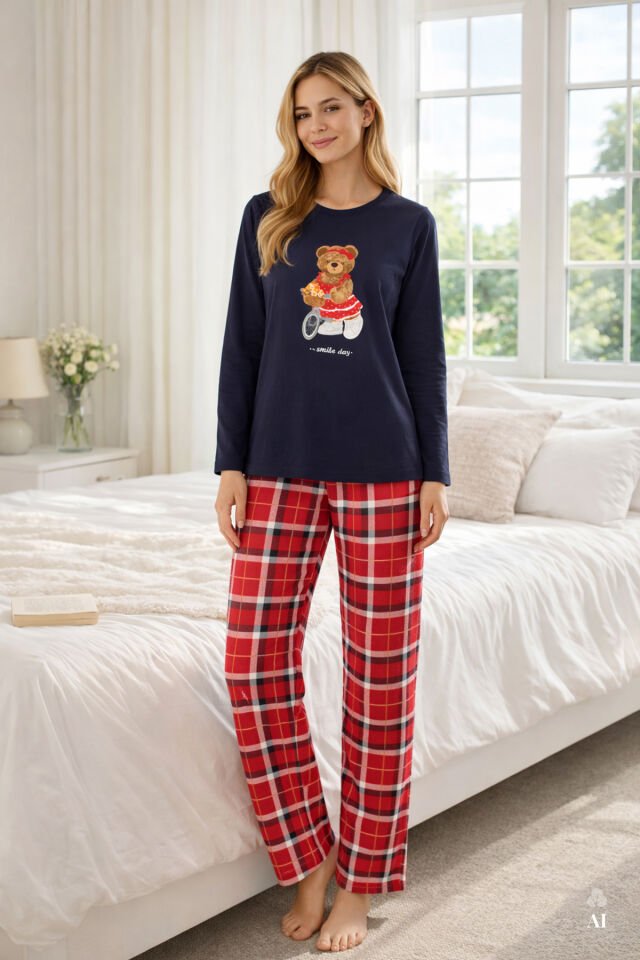 Kadın Pamuklu Ayıcık Baskılı Ekose Desenli Pijama Takımı Kırmızı- Lacivert - M