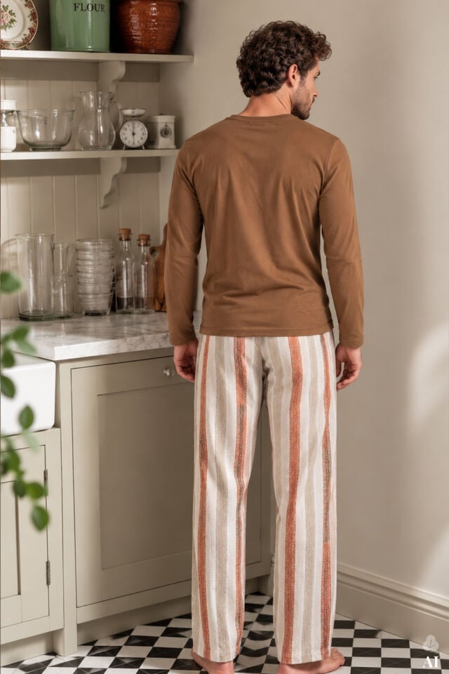 Erkek Pamuklu Çizgili Desenli Uzun Kollu  Cepli Pijama Takımı Kahverengi - Ekru - 2XL