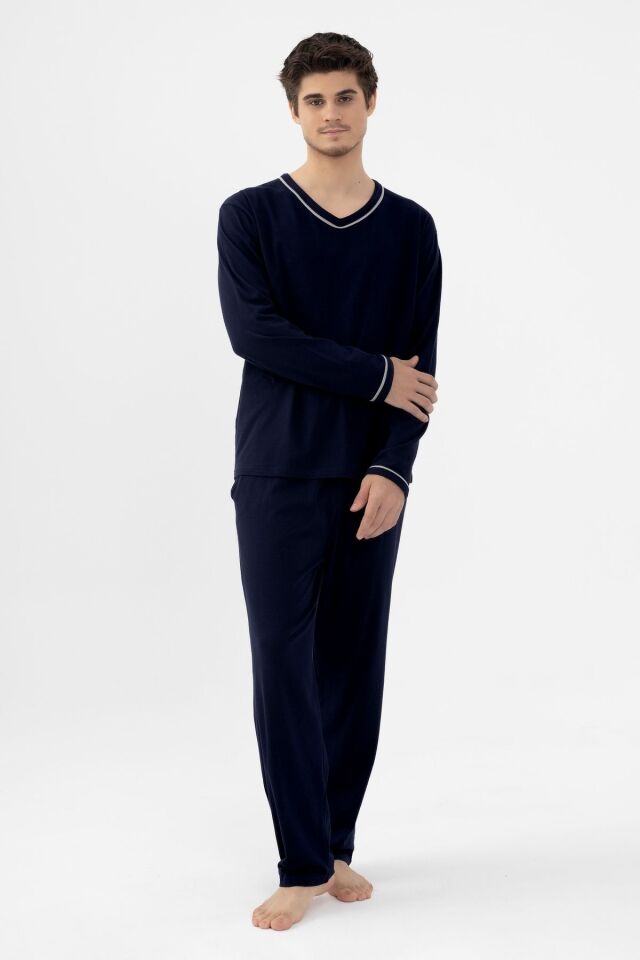 Erkek Pamuklu Uzun Kollu Ara Biyeli Cep Detaylı Pijama Takımı Lacivert-Gri - L