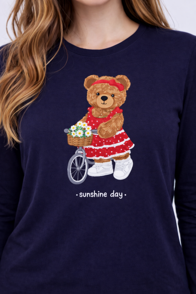 Kadın Pamuklu Ayıcık Baskılı Ekose Desenli Pijama Takımı Kırmızı- Lacivert - L