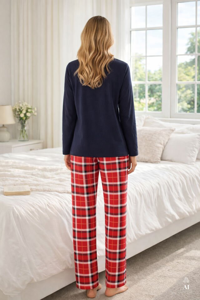 Kadın Pamuklu Ayıcık Baskılı Ekose Desenli Pijama Takımı Kırmızı- Lacivert - XL