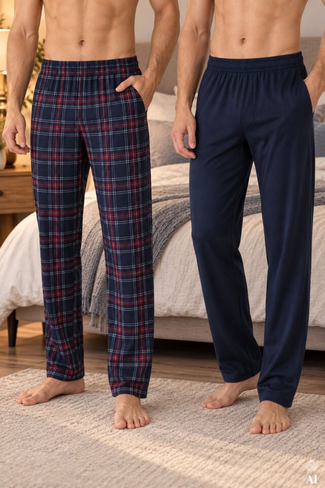 Erkek Pamuklu 2'li Tek Alt Pijama Lacivert - Bordo - L