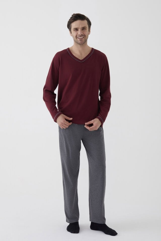 Erkek Pamuklu Uzun Kollu Ara Biyeli Cep Detaylı Pijama Takımı Bordo - Gri Melanj - L