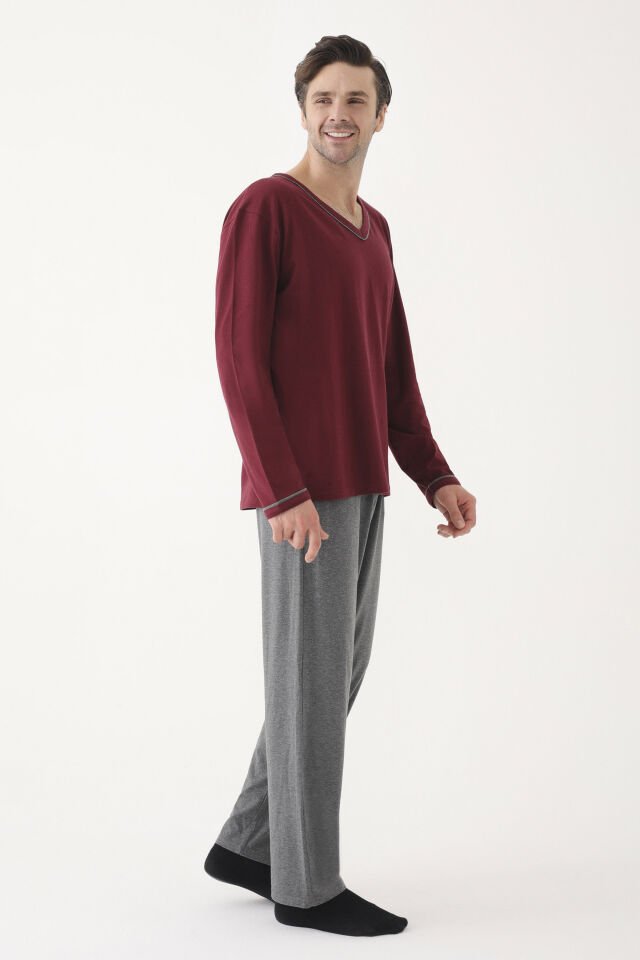 Erkek Pamuklu Uzun Kollu Ara Biyeli Cep Detaylı Pijama Takımı Bordo - Gri Melanj - L