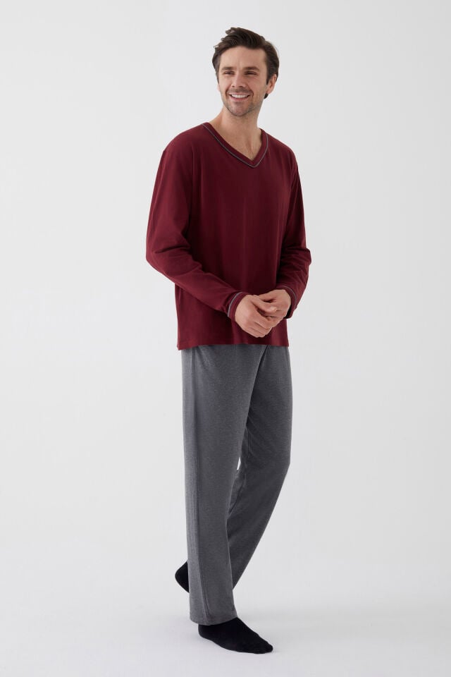 Erkek Pamuklu Uzun Kollu Ara Biyeli Cep Detaylı Pijama Takımı Bordo - Gri Melanj - L