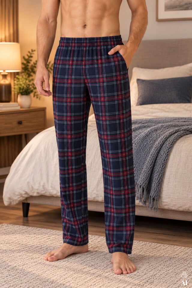 Erkek Pamuklu 2'li Tek Alt Pijama Lacivert - Bordo - 2XL