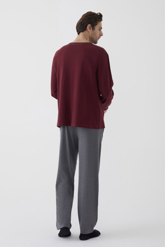 Erkek Pamuklu Uzun Kollu Ara Biyeli Cep Detaylı Pijama Takımı Bordo - Gri Melanj - XL