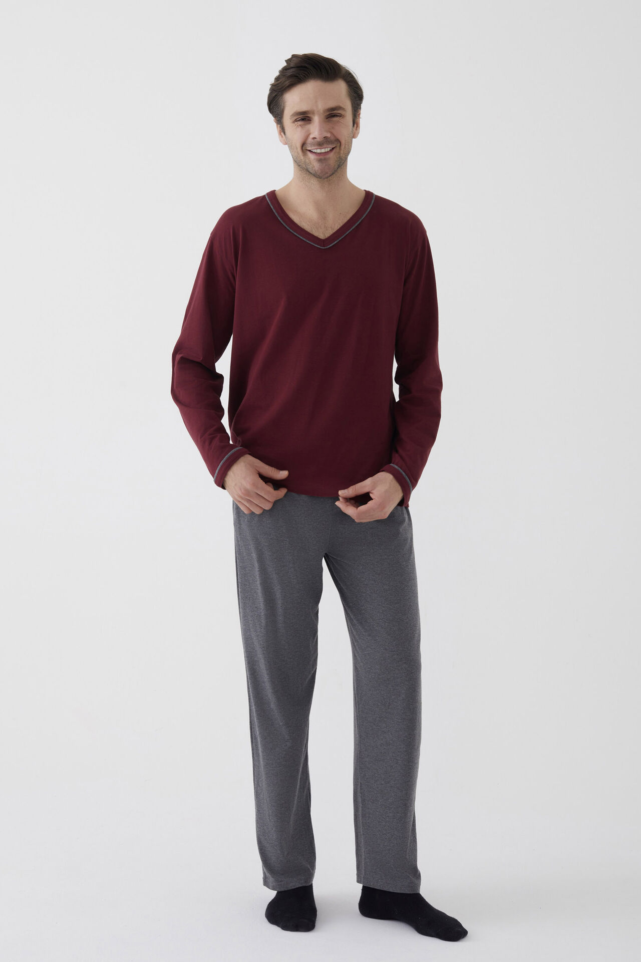 Erkek Pamuklu Uzun Kollu Ara Biyeli Cep Detaylı Pijama Takımı Bordo - Gri Melanj - 2XL