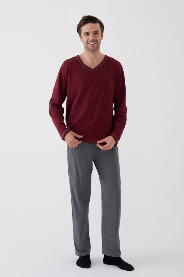 Erkek Pamuklu Uzun Kollu Ara Biyeli Cep Detaylı Pijama Takımı Bordo - Gri Melanj - 2XL