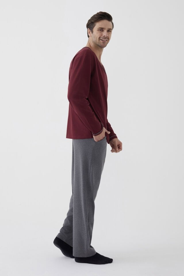 Erkek Pamuklu Uzun Kollu Ara Biyeli Cep Detaylı Pijama Takımı Bordo - Gri Melanj - 2XL