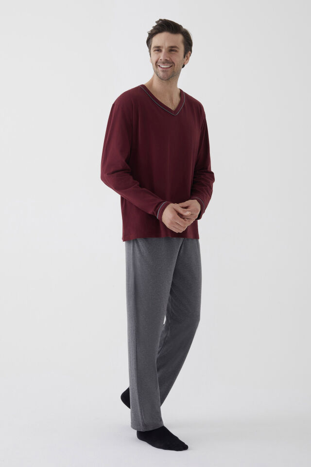 Erkek Pamuklu Uzun Kollu Ara Biyeli Cep Detaylı Pijama Takımı Bordo - Gri Melanj - 2XL