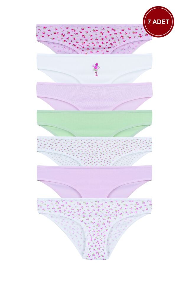 Kadın 7'li Desenli Pamuklu Likralı Külot Pembe - Ekru - L/XL