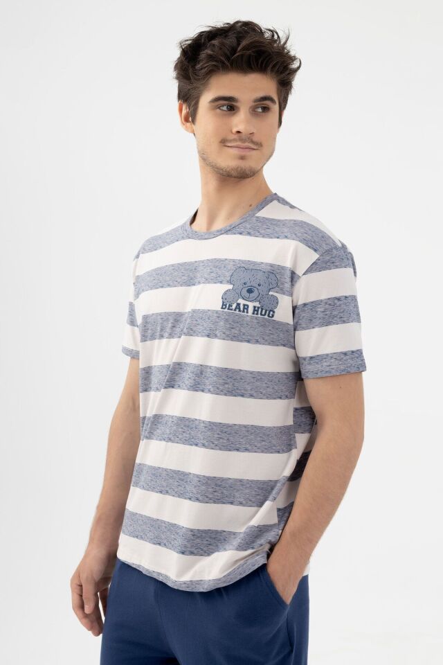 Erkek Pamuklu Çizgili Desenli Ayıcık Baskılı Kısa Kollu Pijama Takımı Ekru-Gri-Lacivert - 2XL