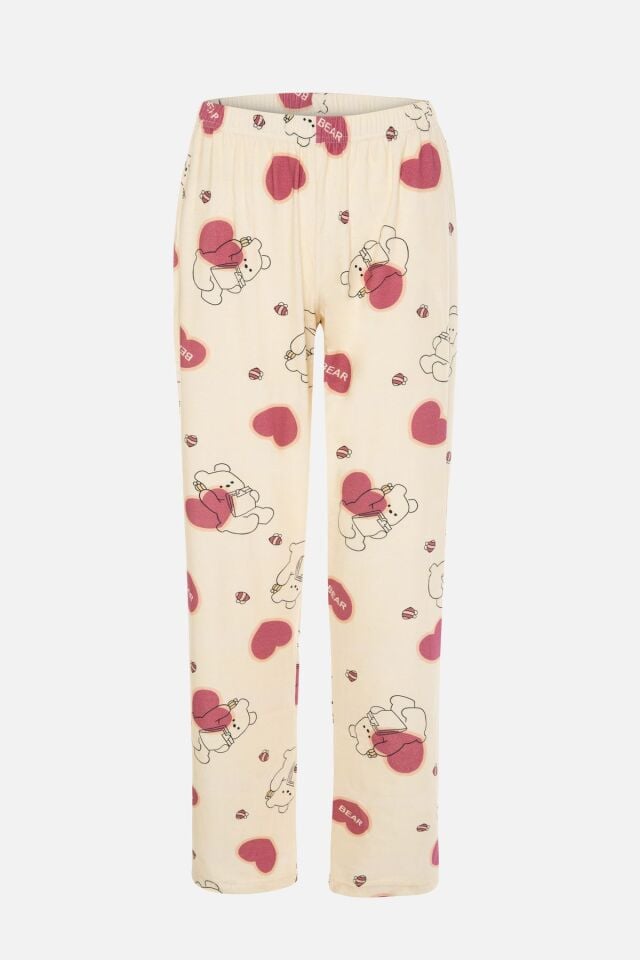 Kadın Ayıcık Desenli Bant Detaylı Düğmeli Pijama Takımı Beyaz-Pembe - L