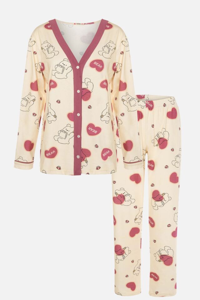 Kadın Ayıcık Desenli Bant Detaylı Düğmeli Pijama Takımı Beyaz-Pembe - M