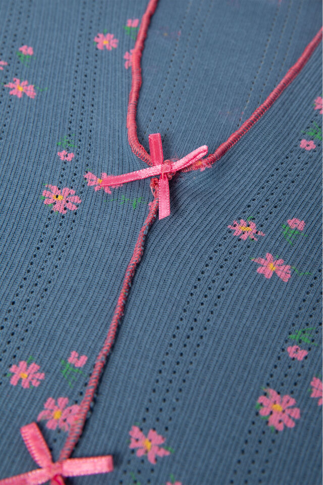 Sevgililer Günü Temalı Kadın Pamuklu Çıtır Çiçek Desenli Baby Overloklu Fiyonklu Uzun Kollu Pijama Takımı L - Mavi - Pembe