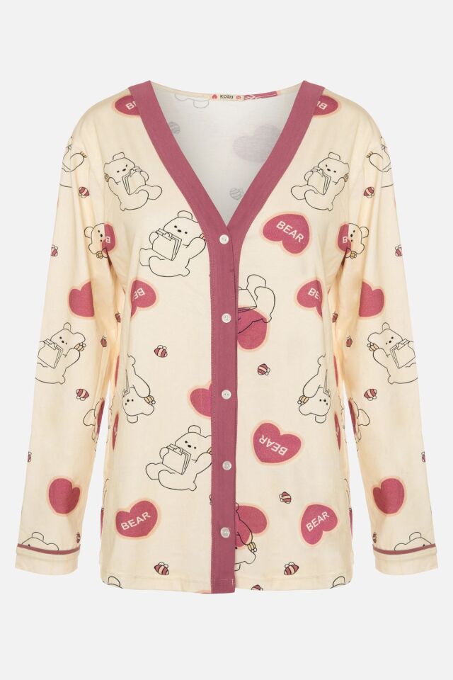 Kadın Ayıcık Desenli Bant Detaylı Düğmeli Pijama Takımı Beyaz-Pembe - S