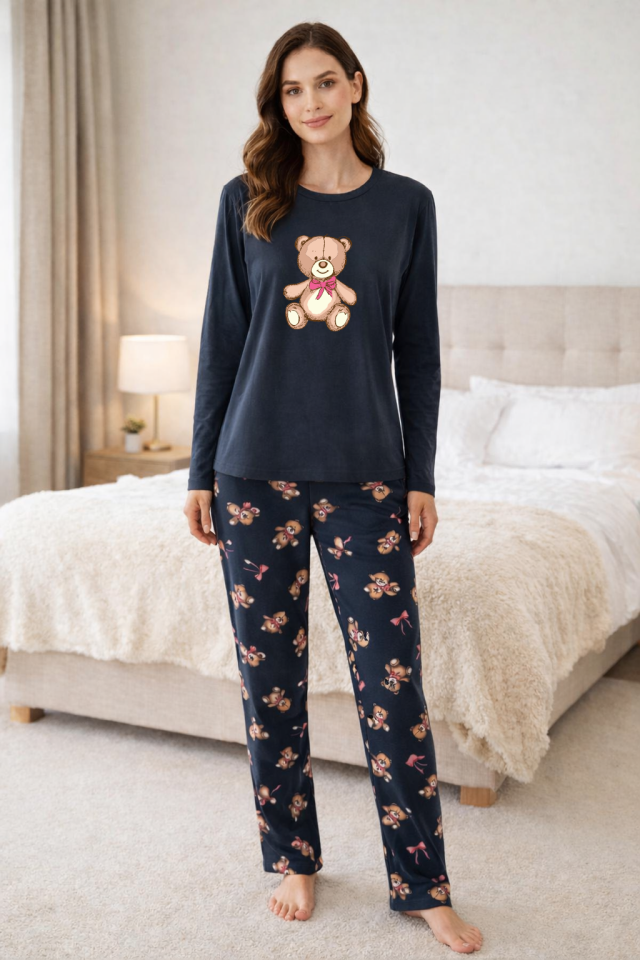 Kadın Pamuklu Ayıcıklı Pijama Takımı Kahverengi -  Füme - S